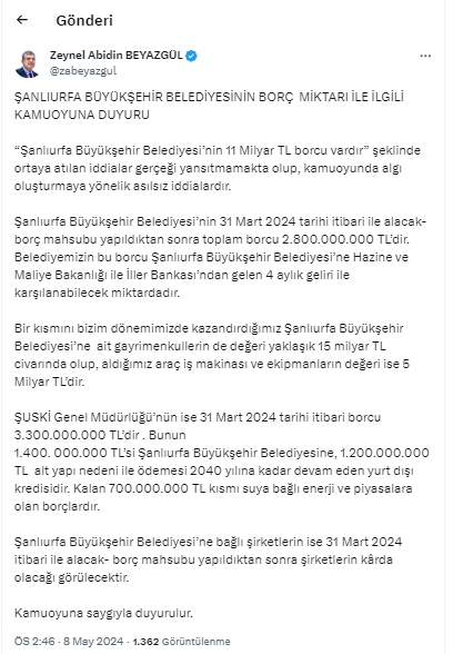 BEYAZGÜL'DEN BÜYÜKŞEHİRİN BORCU İÇİN AÇIKLAMA