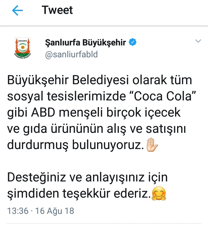 Büyükşehirden ABD ürünlerine boykot