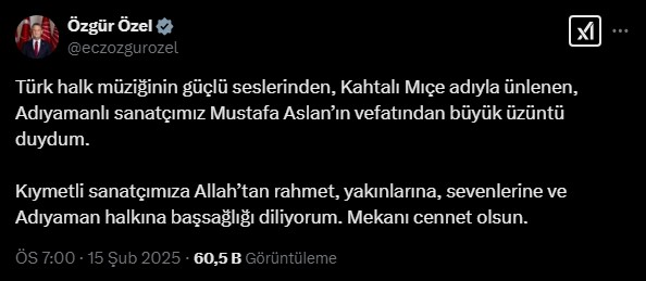 ÖZGÜR ÖZEL’DEN KAHTALI MIÇE IÇIN TAZIYE MESAJI