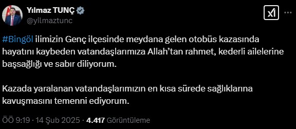BAKAN TUNÇ’TAN BINGÖL KAZASINDA ÖLENLER IÇIN TAZIYE MESAJI