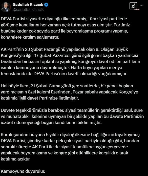 DEVA Partisi’nden AK Parti’ye Ret: Kongreye Katılmıyor