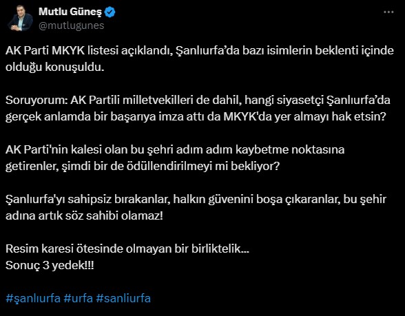 Şanlıurfa, AK Parti MKYK Listesinde Yer Almadı!