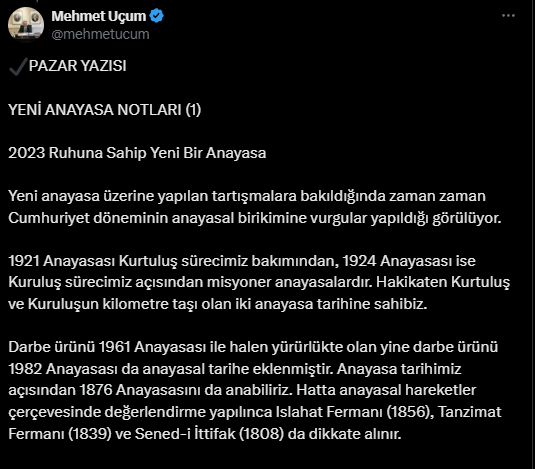 Mehmet Uçum'un 'Yeni Anayasa' Mesajı!