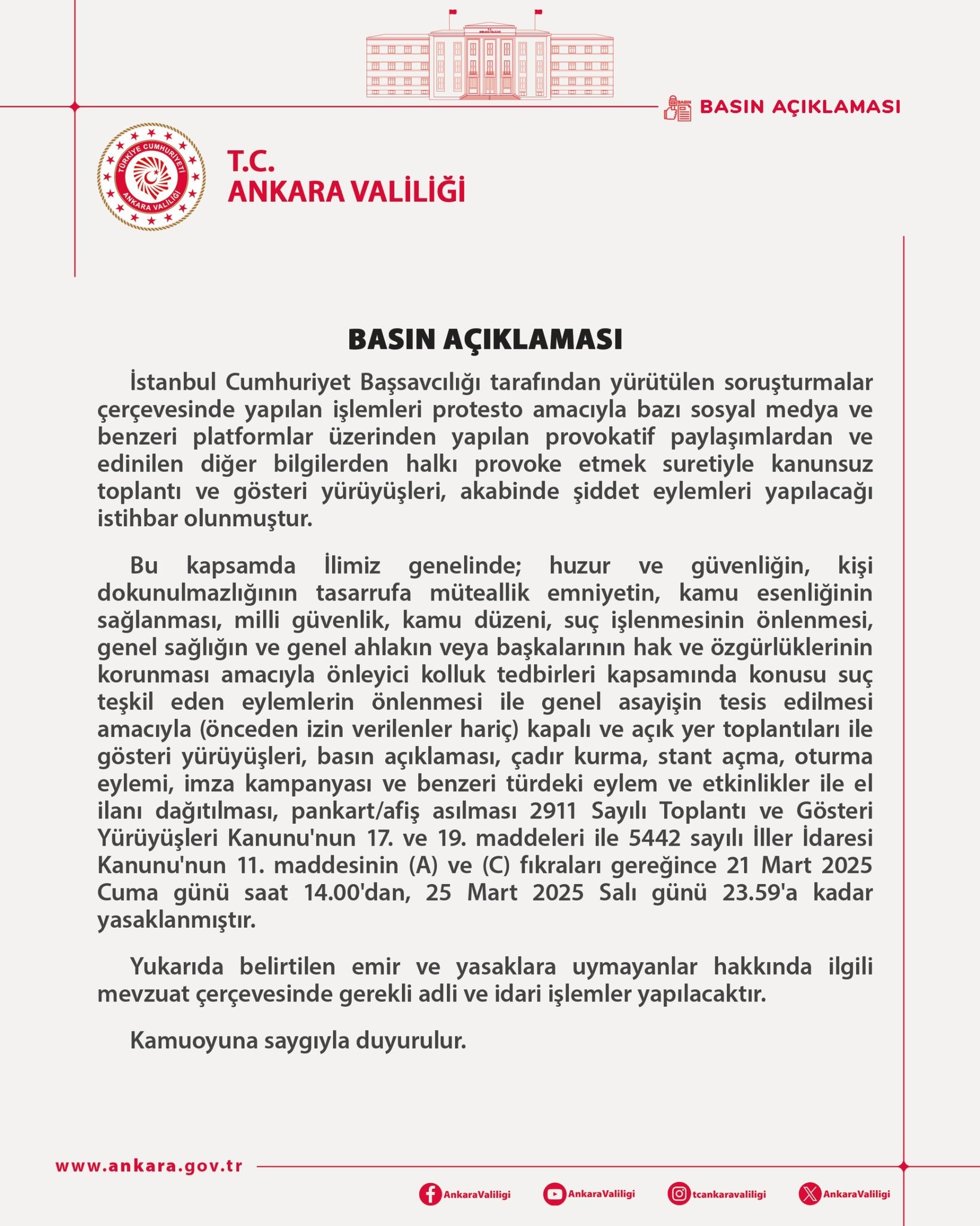 Ankara Valiliğinden 5 Günlük Eylem Yasağı Kararı