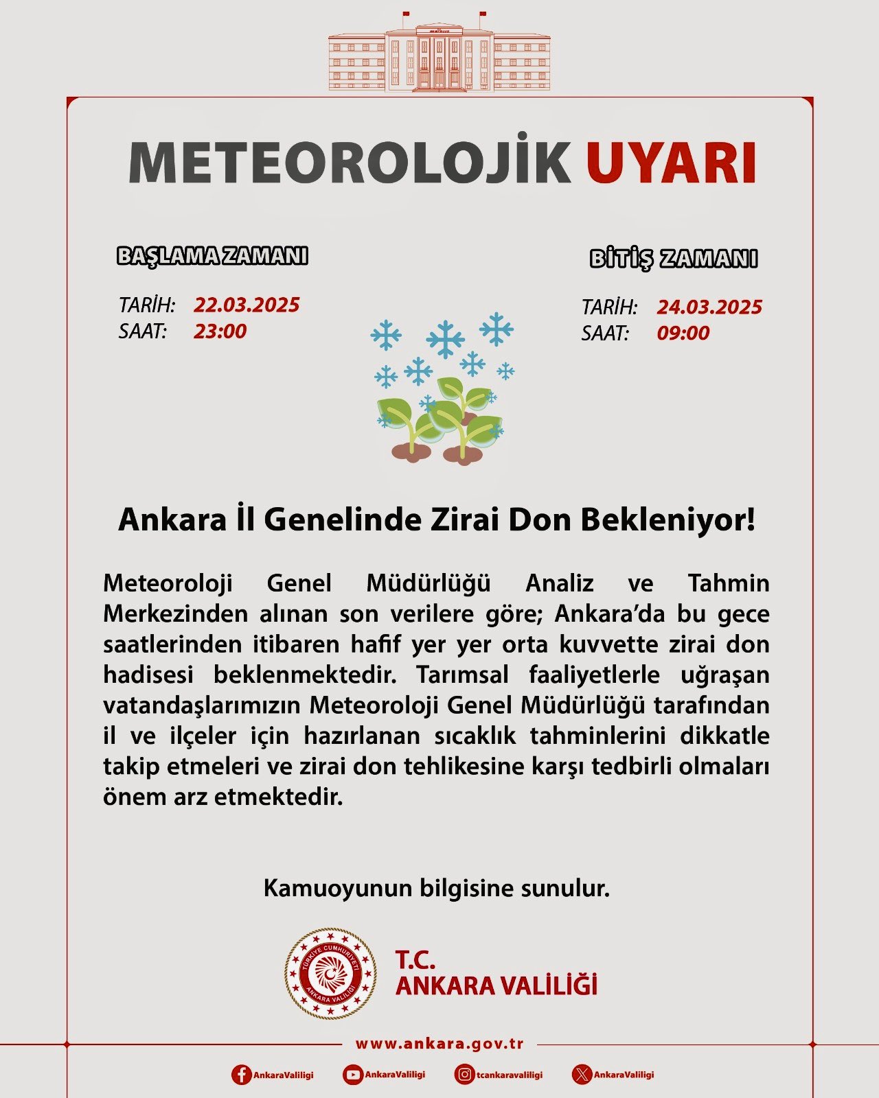 Ankara Valiliği'nden zirai don uyarısı