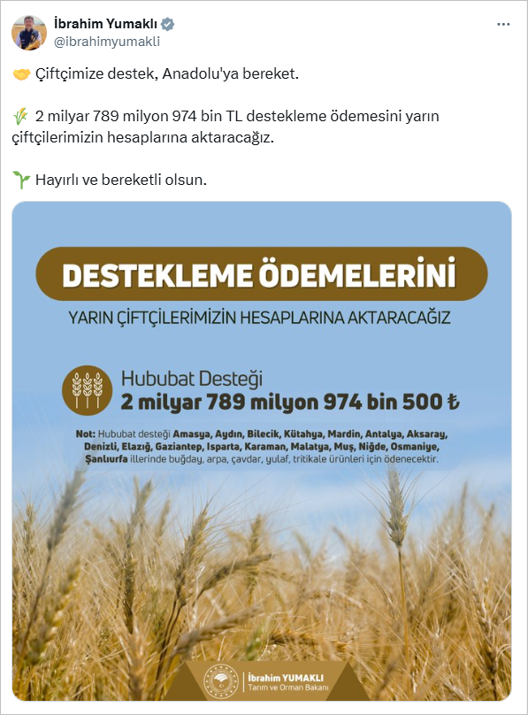 Çiftçilere 2,8 Milyar Liralık Destek Ödemesi Yapılacak