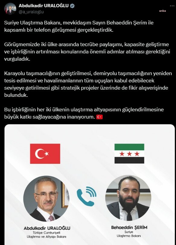 Bakan Uraloğlu, Suriyeli Mevkidaşı Şerim Ile Görüştü!
