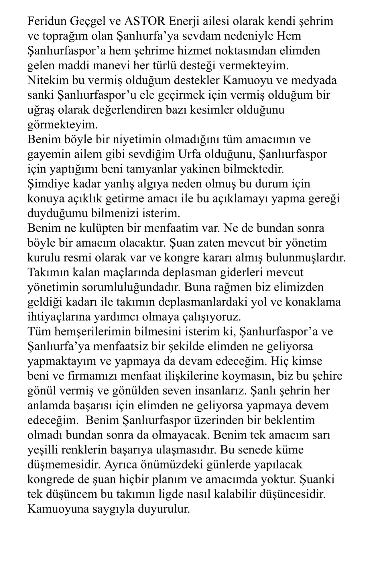 Feridun Geçgel’den Şanlıurfaspor Açıklaması!
