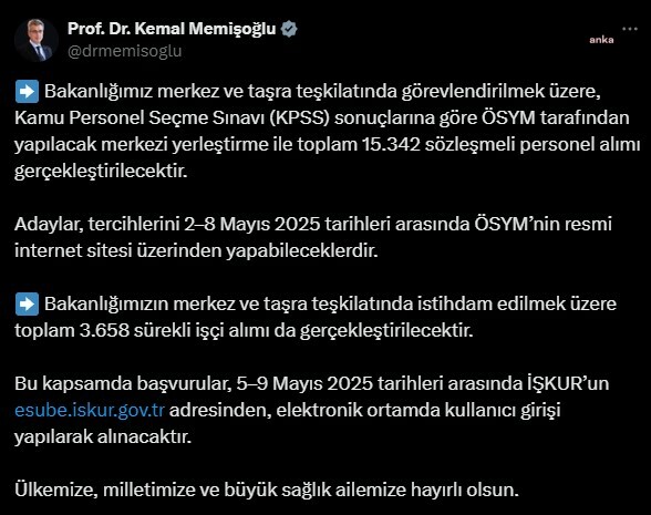 15 bin 342 Sözleşmeli Sağlık Personeli Alınacak.