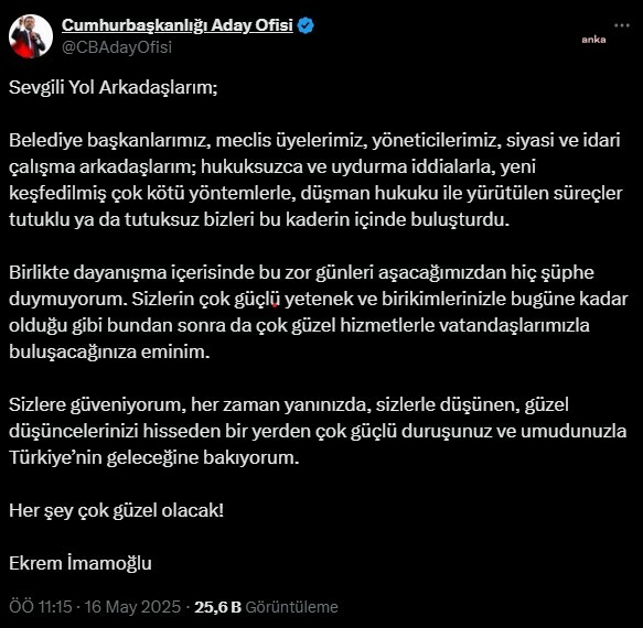"İmamoğlu’ndan Cezaevinden Mesaj: Dayanışmayla Aşacağız"