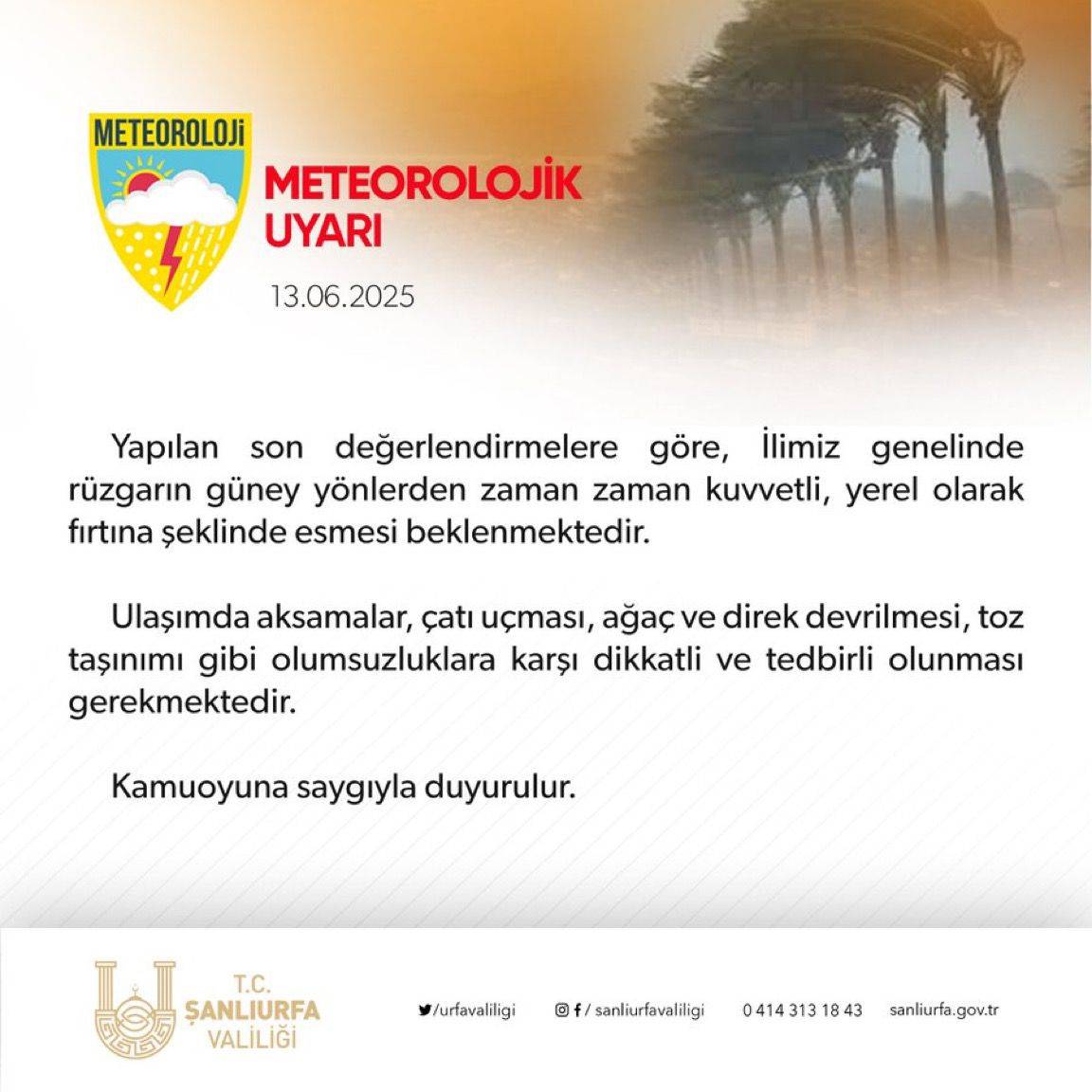 Şanlıurfa’da Fırtına Tehlikesi! Şiddetli Rüzgar Uyarısı