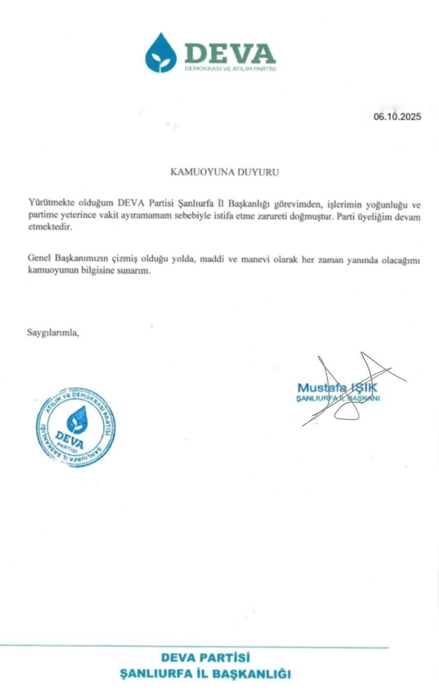 DEVA Partisi Şanlıurfa İl Başkanı Görevinden İstifa Etti