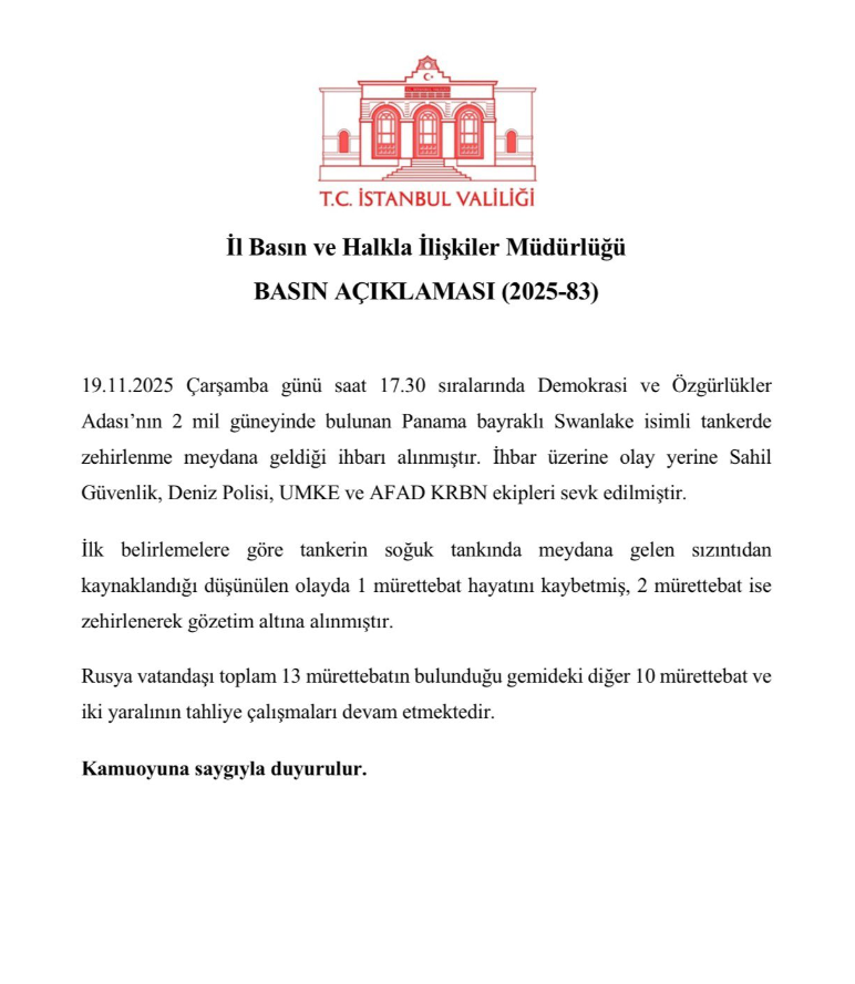 İstanbul Açıklarında Tankerde Zehirlenme: 1 Ölü