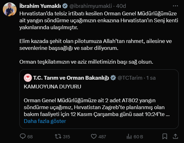 Yangın Söndürme Uçağımızdan Acı Haber Geldi