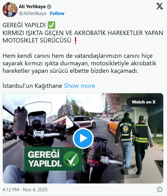 Bakan Yerlikaya Duyurdu: Trafikte Şov Yapan Sürücü Yakalandı