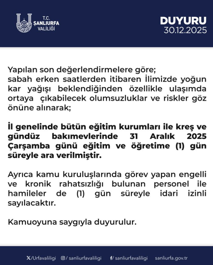 Şanlıurfa Valisi açıkladı: Kar nedeniyle eğitime 1 gün ara