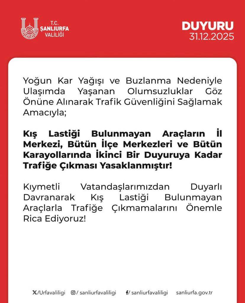 Şanlıurfa'da Sert Önlem: Kış Lastiği Olmayana Trafik Yasağı!