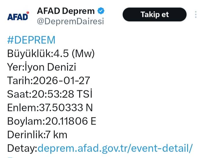 AFAD, açıkladı; İyon Denizi'nde şiddetli deprem