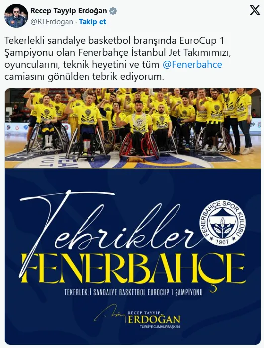 Cumhurbaşkanı Erdoğan’dan Fenerbahçe’ye tebrik mesajı!