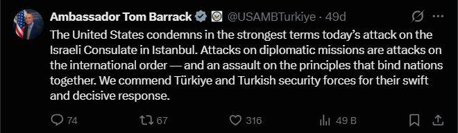 ABD'li Büyükelçi Barrack'tan Konsolosluk saldırısı açıklaması!