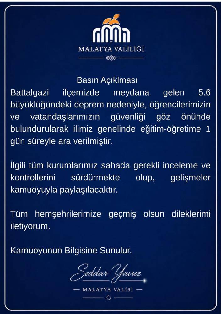 Deprem nedeniyle eğitime 1 gün ara verildi!