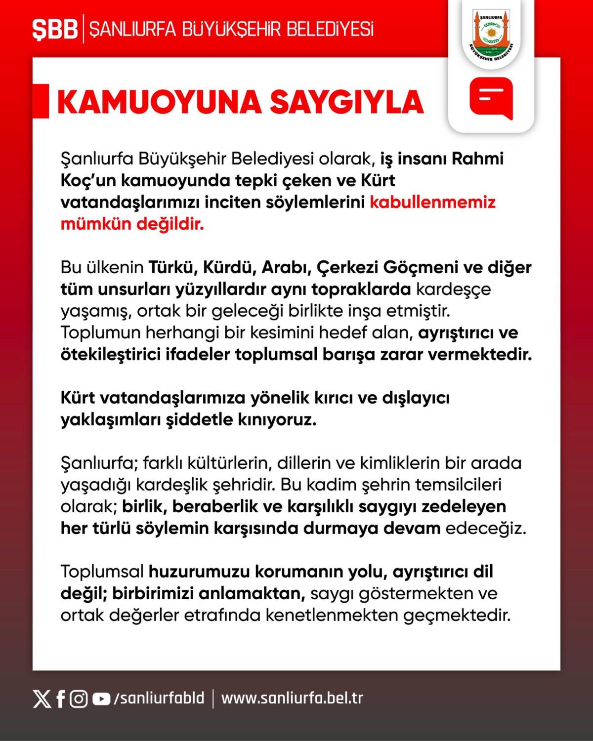 Şanlıurfa Büyükşehir Belediyesi'nden Rahmi Koç'a sert tepki!